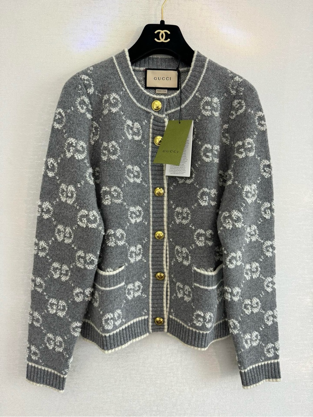 Gucci Grey GG Monogram Jacquard Knit Cardigan Gold Tone Buttons